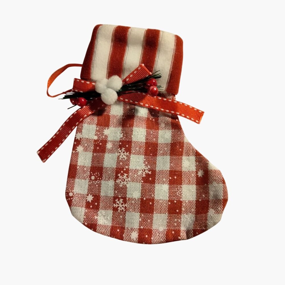 Red  White Gingham Christmas Stocking Gift Bag Ornament Ribbon Berry  Snowflake